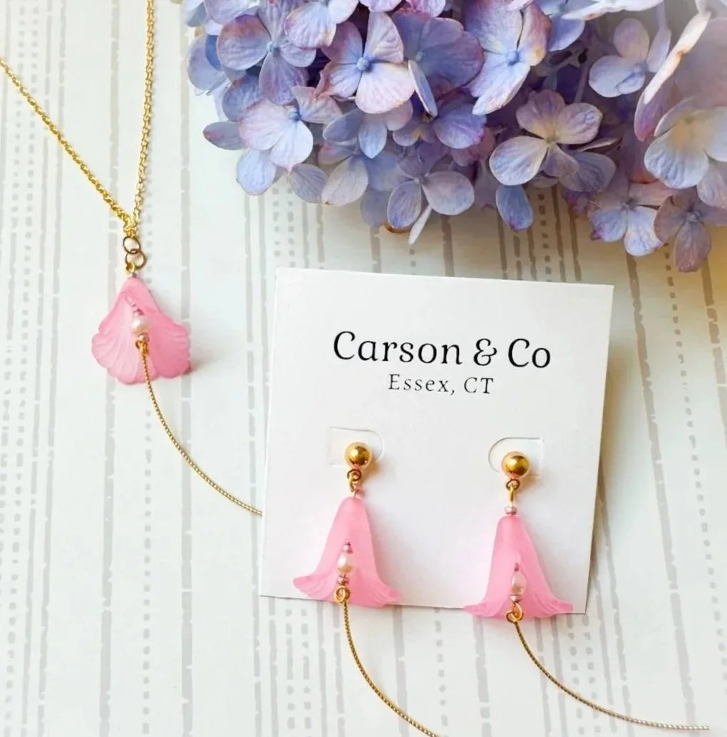 Bellflower Shaped Earrings With Matching Necklace Pearl Pink