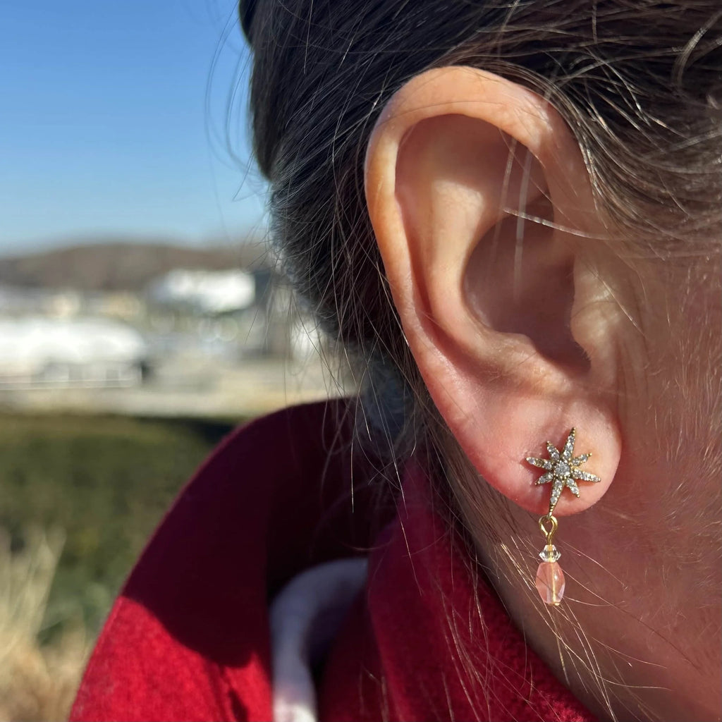 Diamante Star Stud Strawberry Quartz Dangle Earring