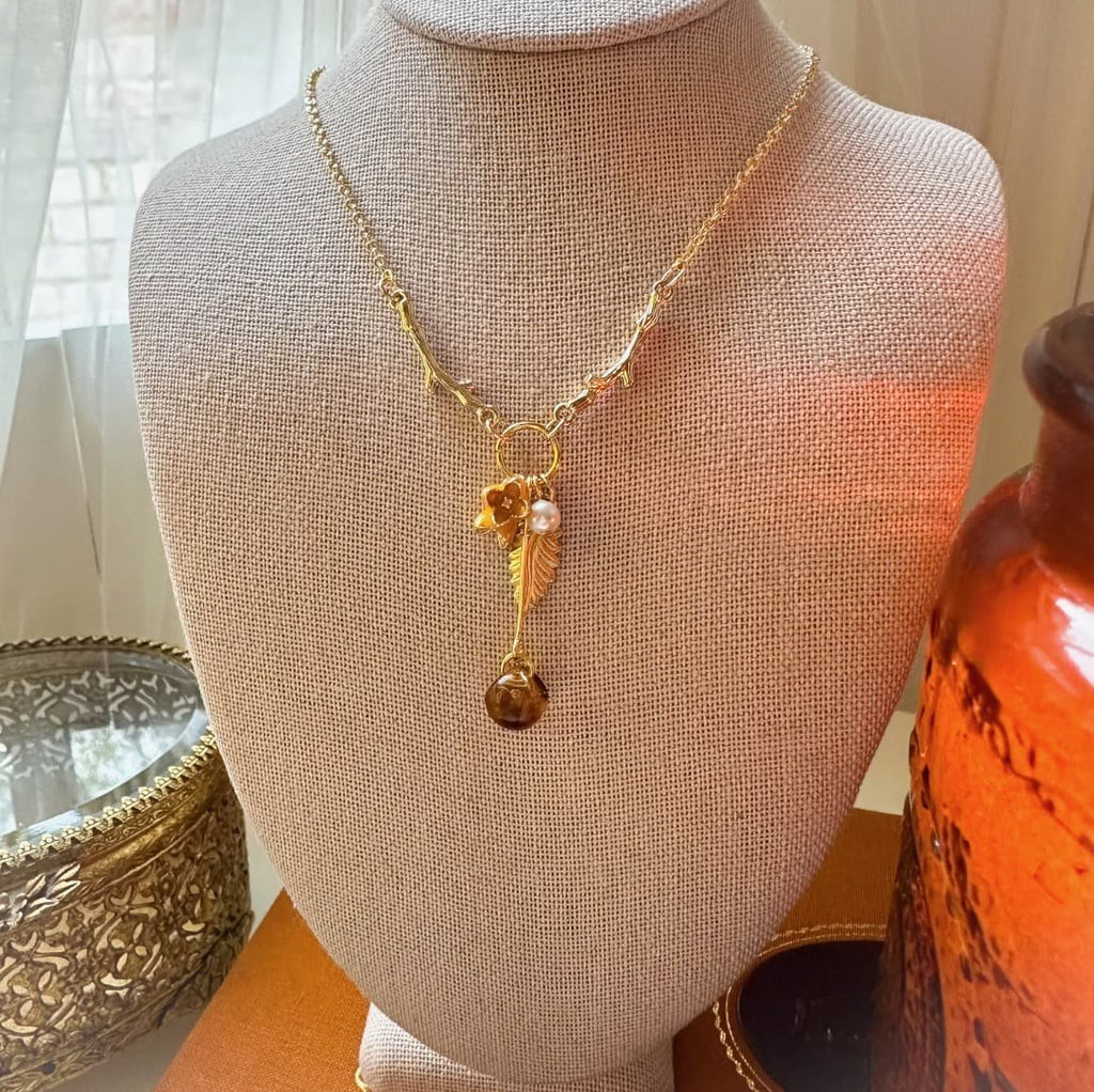Fall Autumn Charm Necklace Yellow Flower Amber
