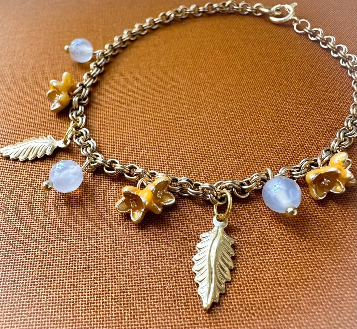 Fall Inspired Charm Bracelet Yellow Flowers Leaves Fog