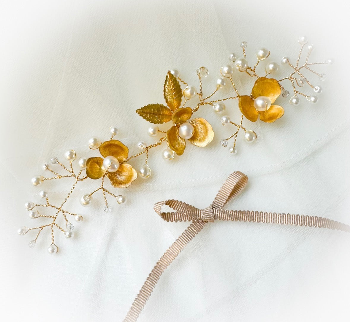 Bridal Hairvine with Brass Flowers, Pearls & Crystals  display picture 3