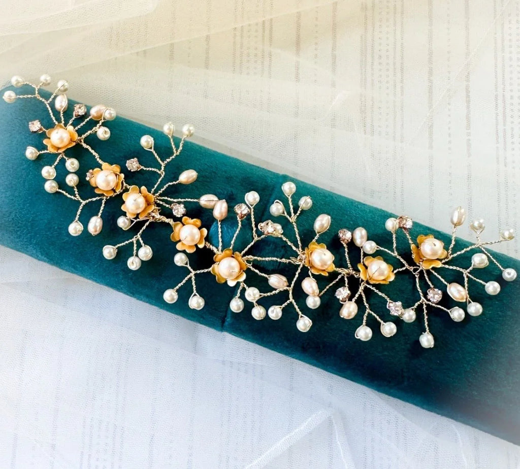 Bridal Hairvine Pearls Brass Flowers