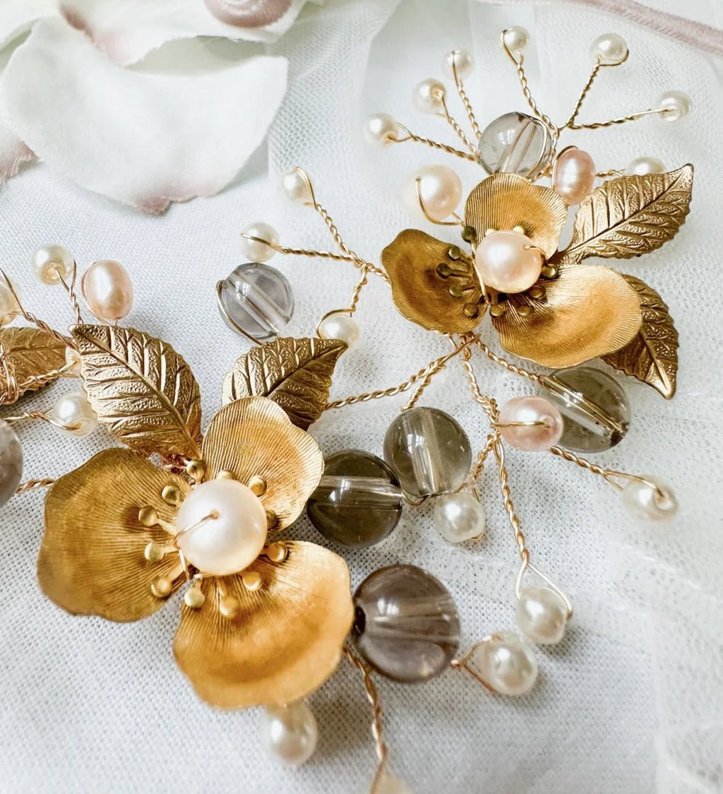 Brown Golden Pearl Wedding Hair Piece