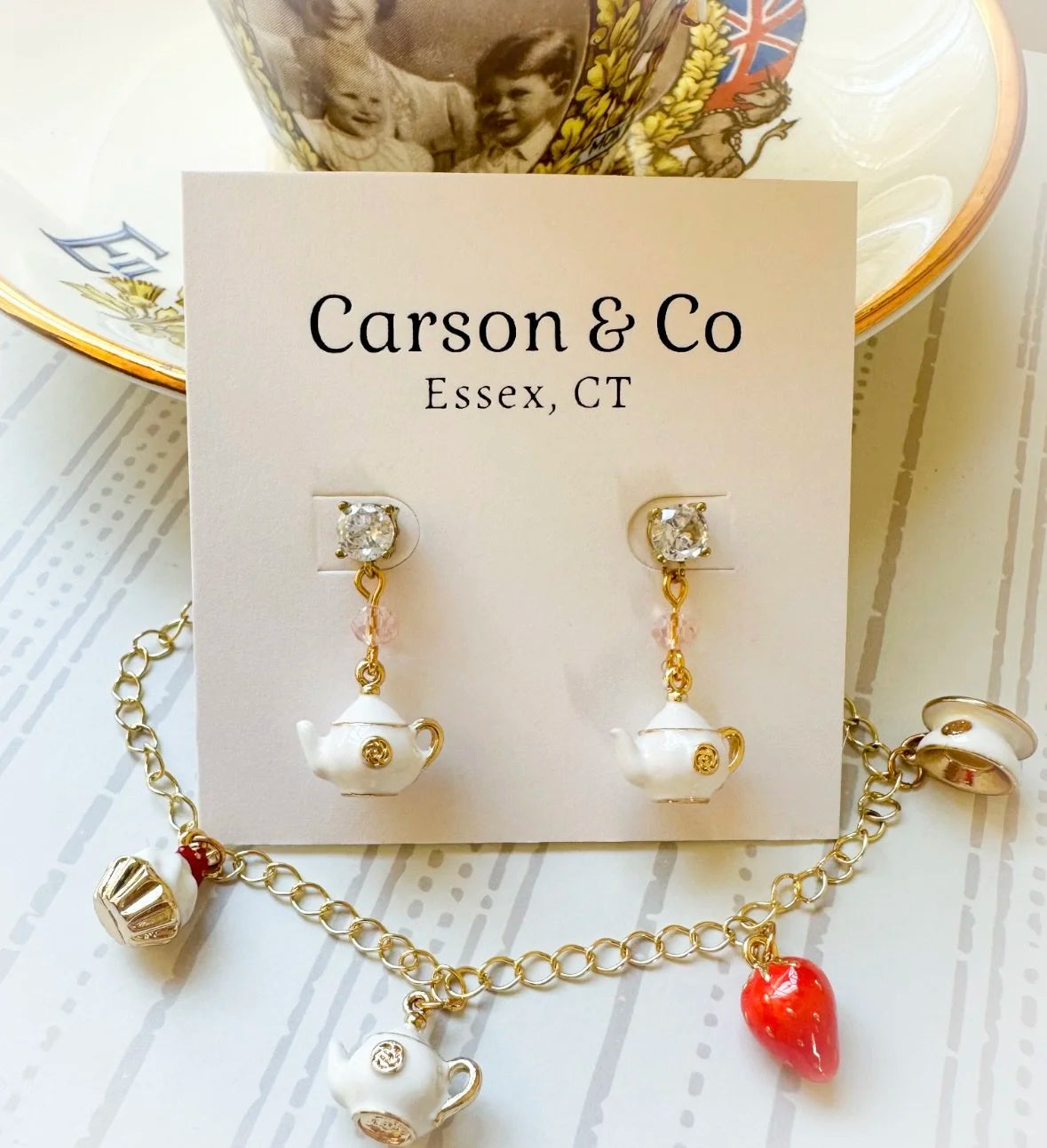 Charm Bracelet Teacup Teapot Strawberry Earrings