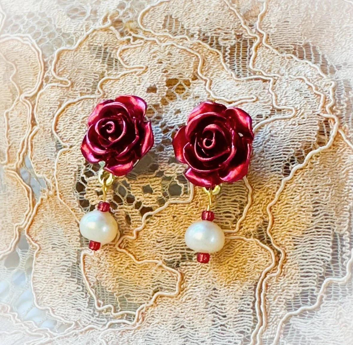 Christmas Red Rose Earrings With Pearl