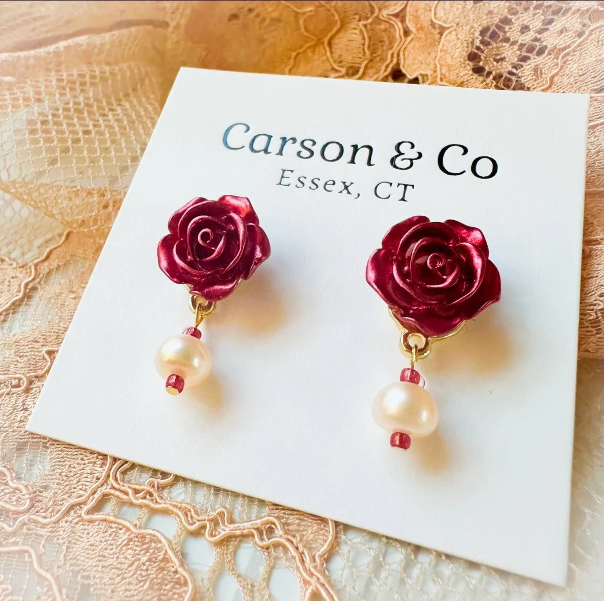 Dark Red Rose Earrings