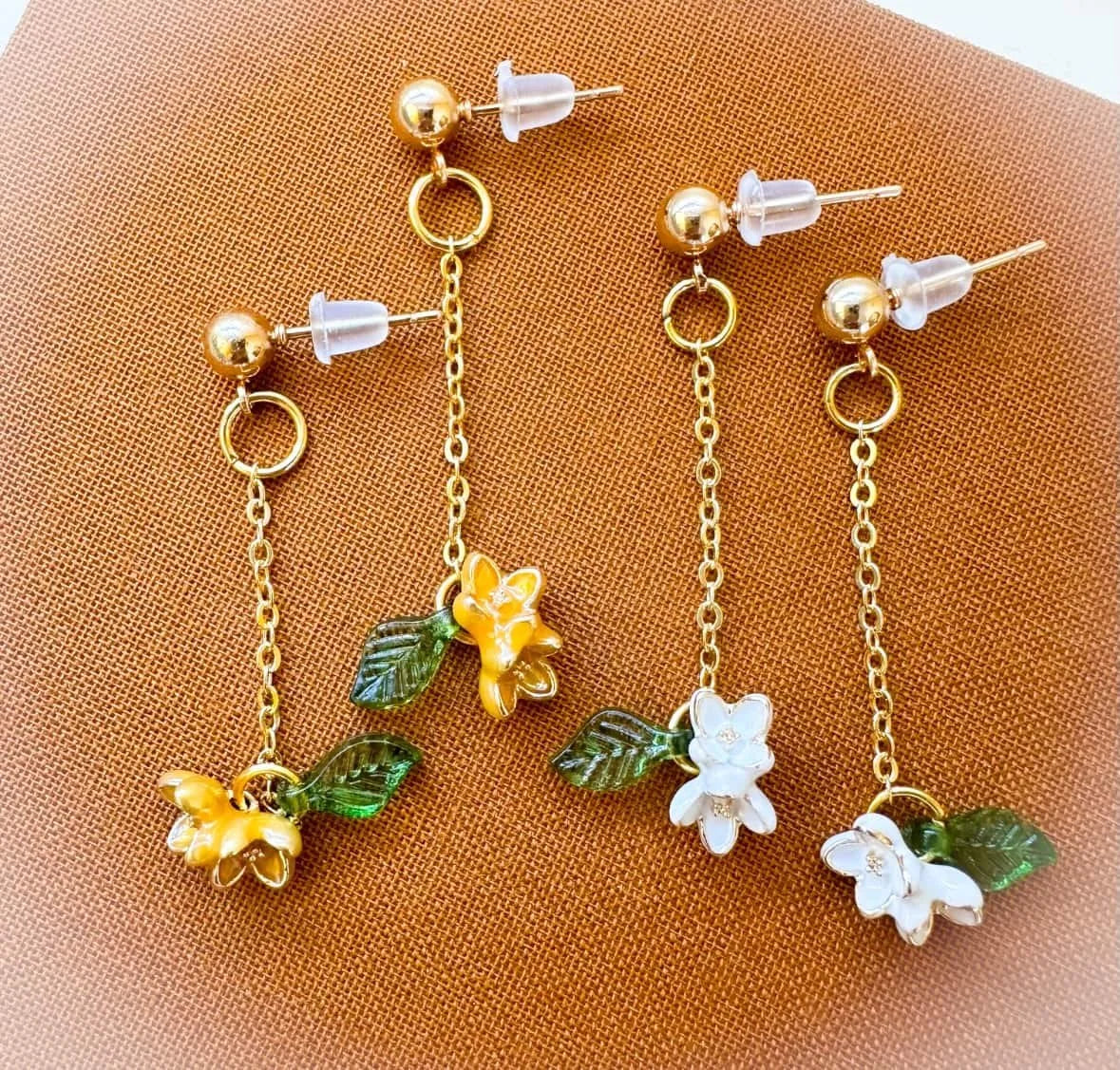 Double Flower Charm Chain Earrings