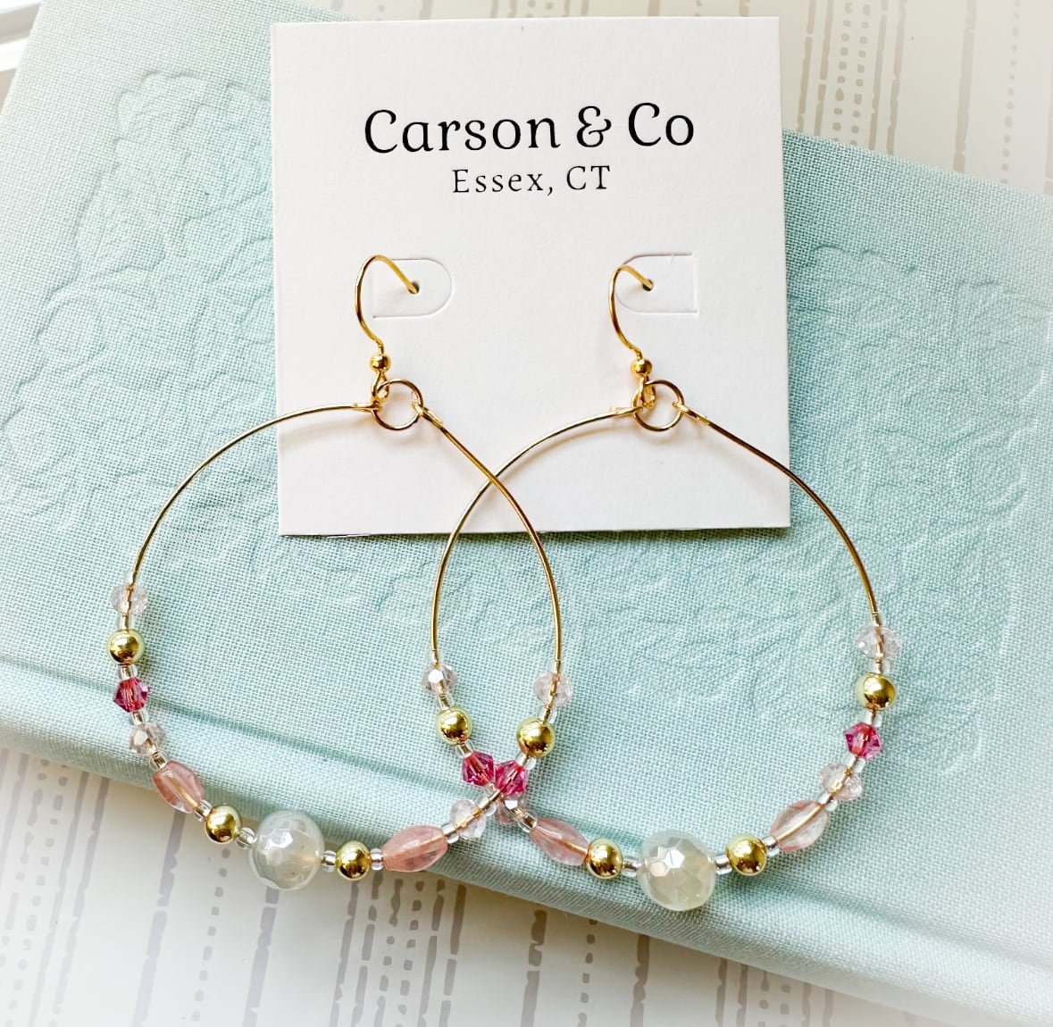 Earrings Large Hoop Crystal Pink Gold Beach