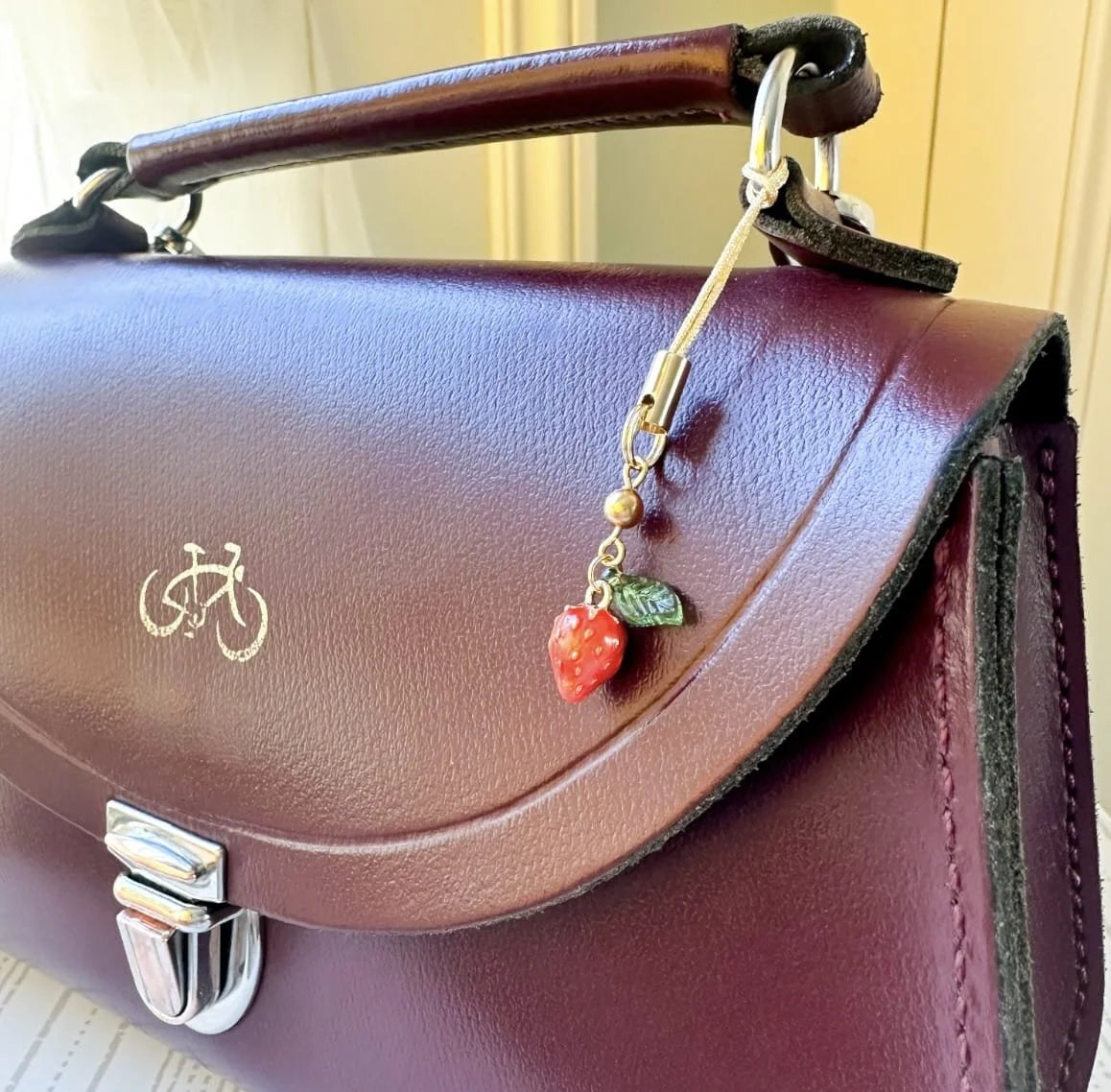 Enamel Strawberry Bag Charm With Leaf