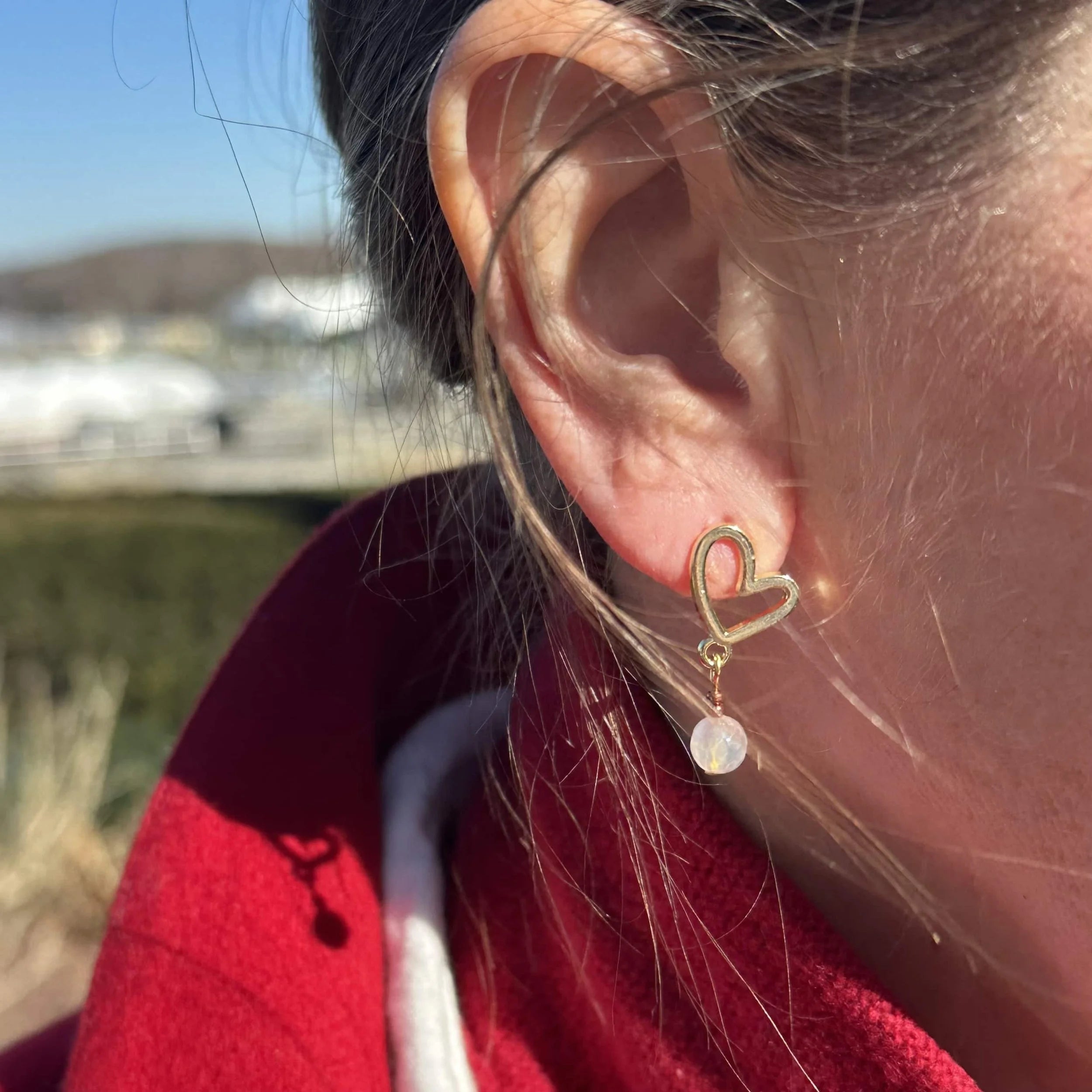 Gold Heart Earrings Red Coat