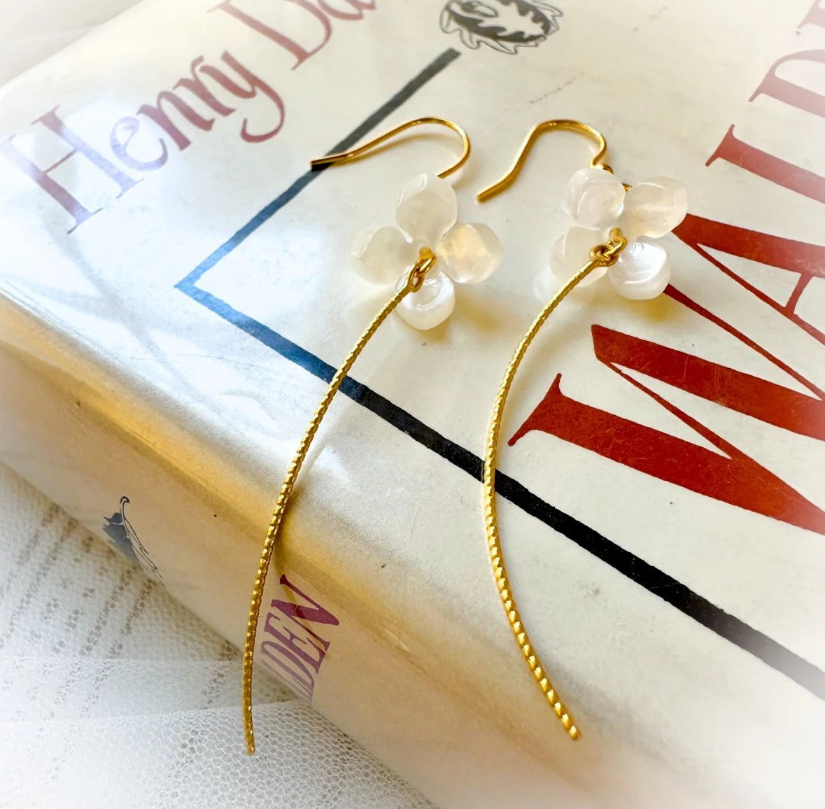 Long Dangly White Pearl Flower Earrings