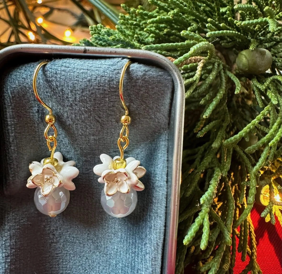 Mystic Agate White Flower Earrings