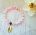 Ombre Rose Quartz Elastic Bracelet Leaf Charm