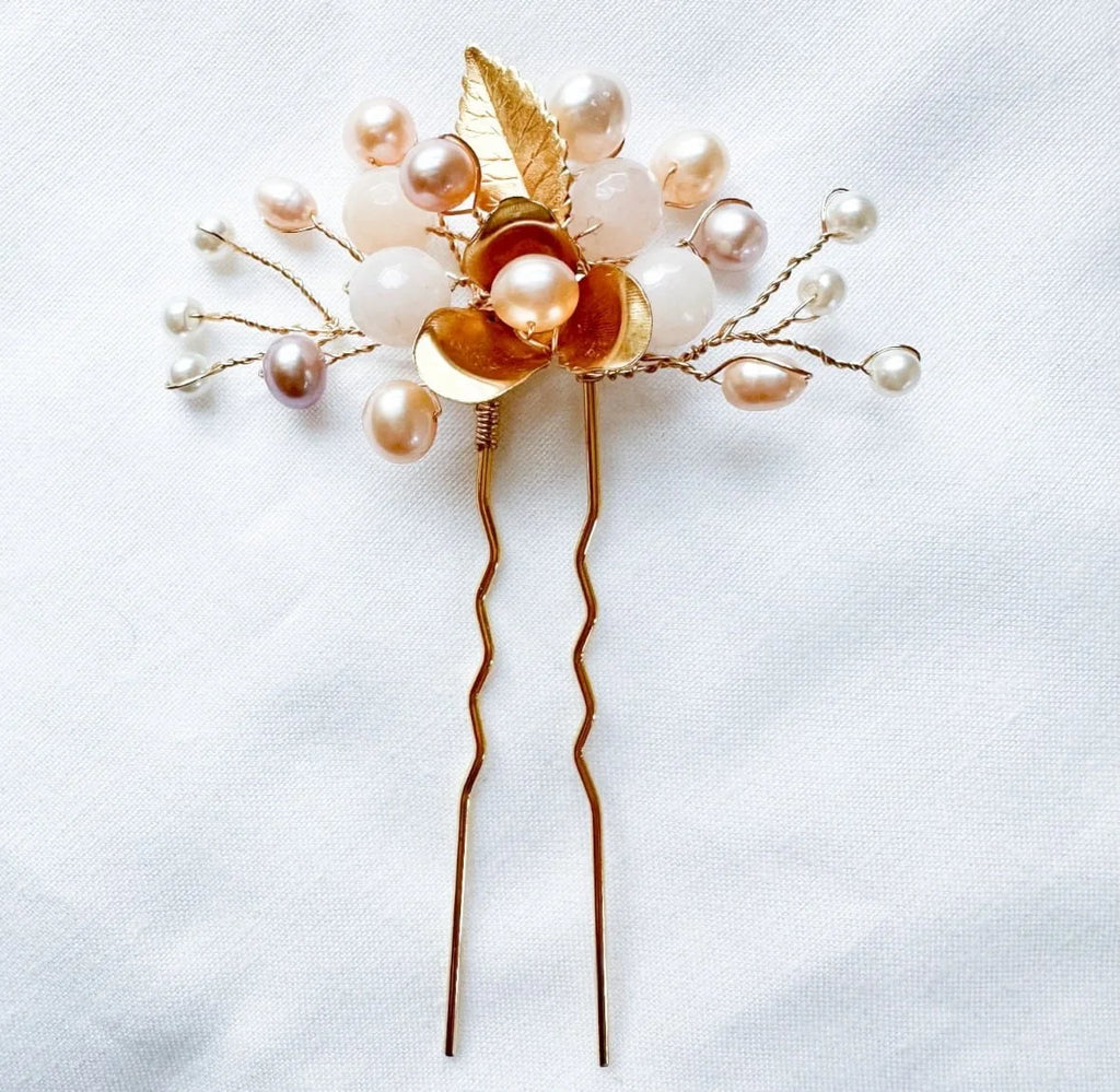 Pearl Brass Leaf Flower Wedding Hair Pin