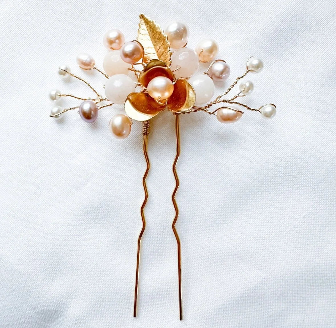 Pearl Brass Leaf Flower Wedding Hair Pin