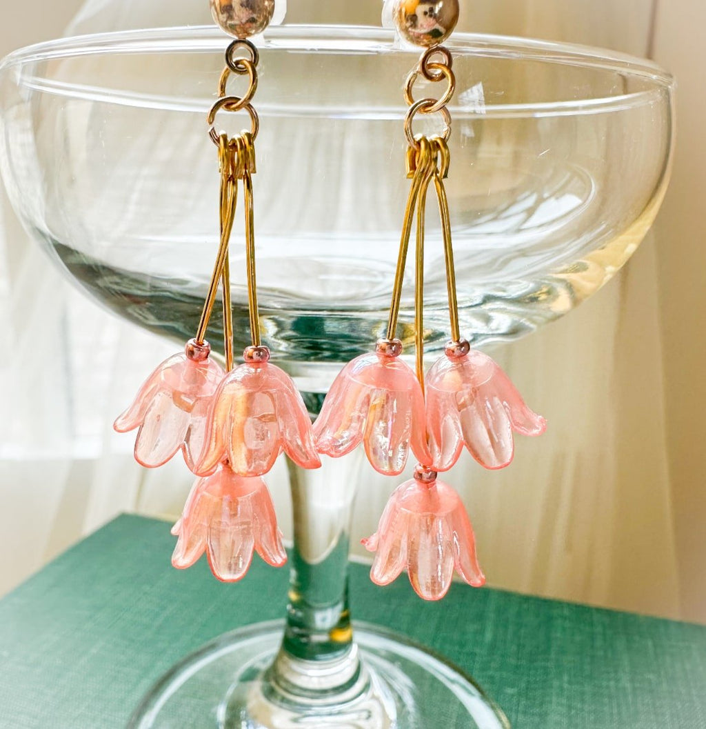 Pink Petal Cherry Blossom Long Dangly Earrings