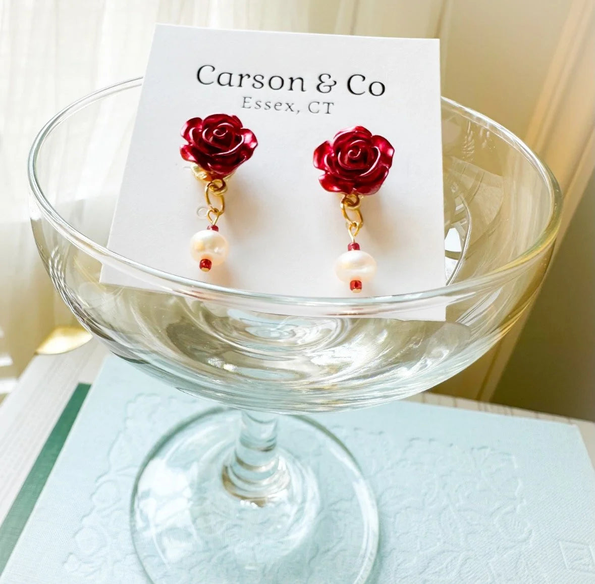 Red Rose Earrings Real Pearls