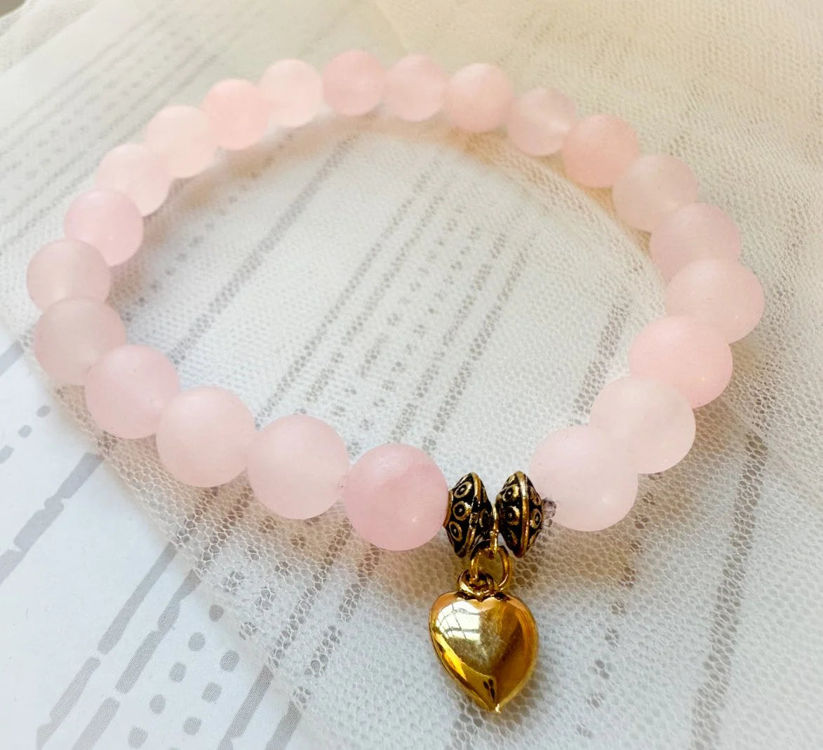 Rose Quartz Elastic Bracelet Heart Charm