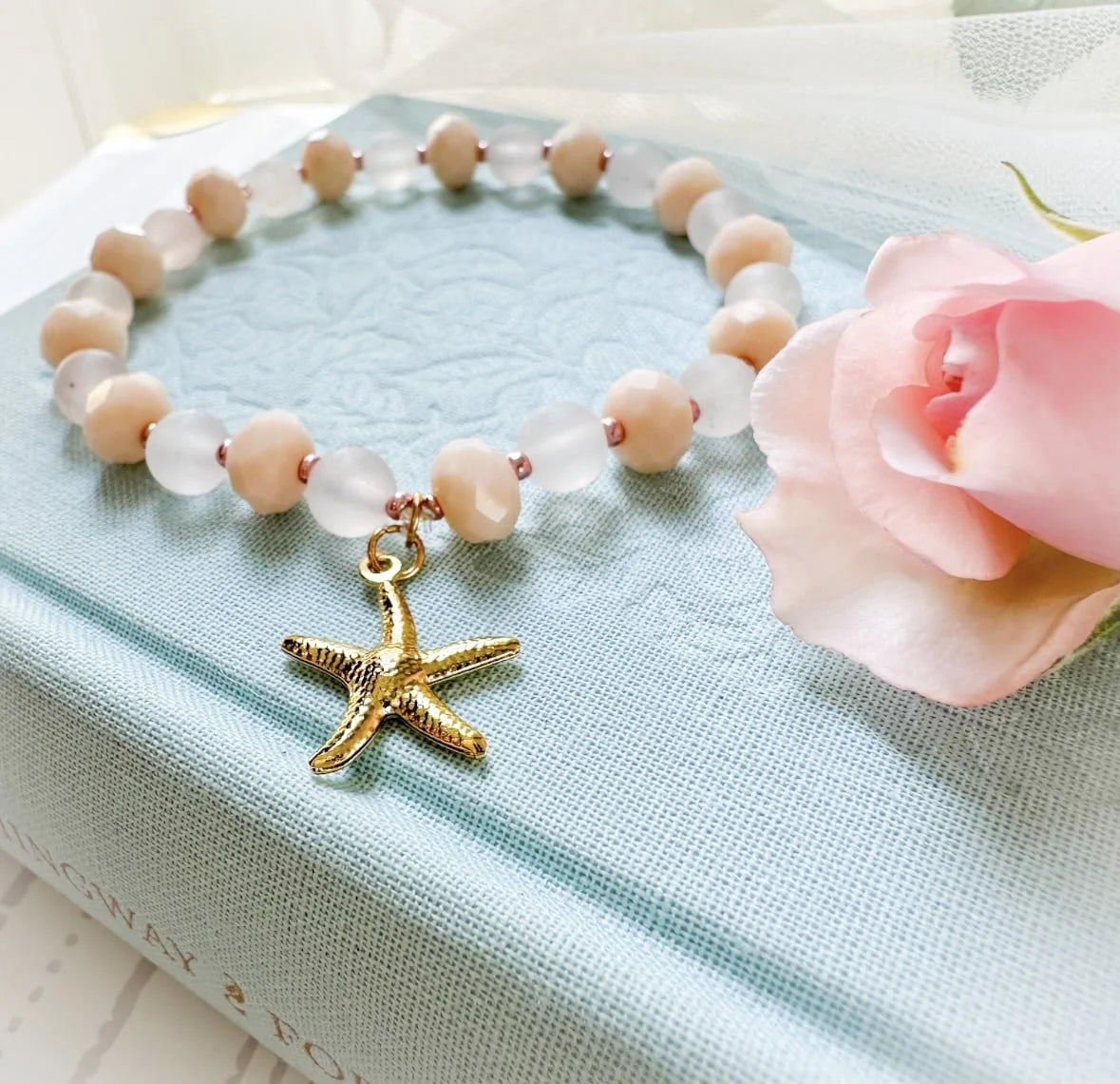 Rose Quartz Milk Glass Bracelet With Starfish