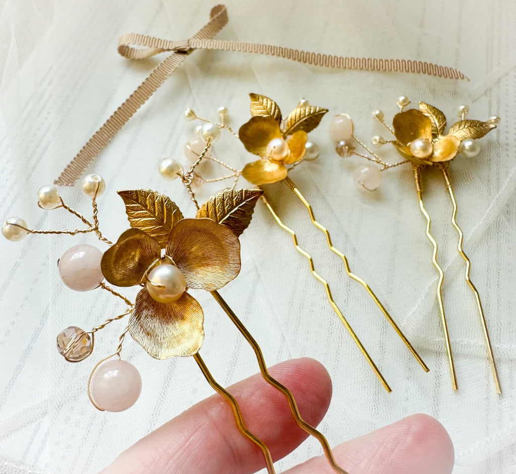 Rose Quartz Set Of 3 Bridal Hairpins