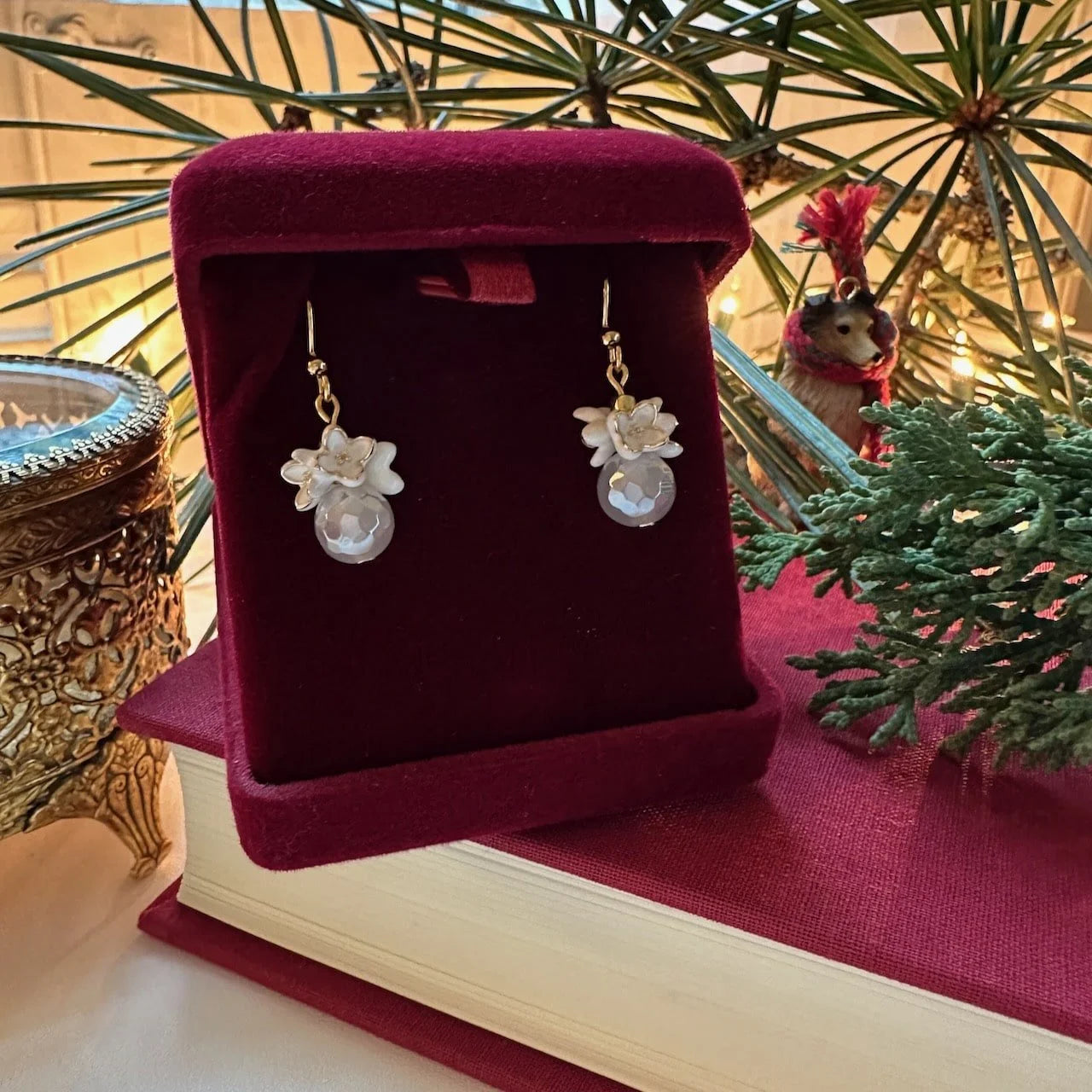 White Flower Gold Edge Dangle Earrings Red Velvet Box
